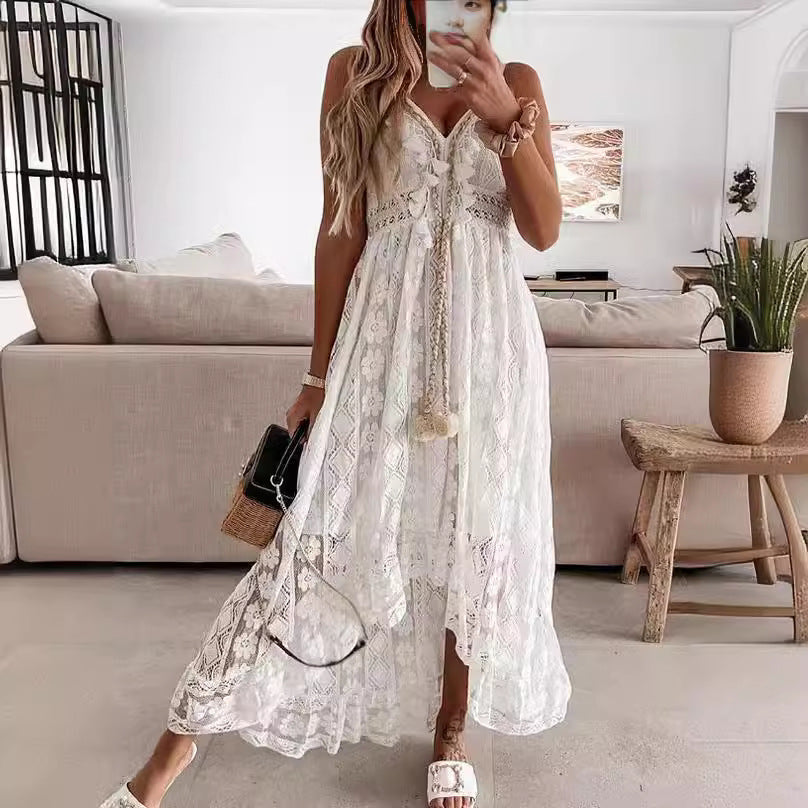 Lace Strap Maxi Solid Color Dress