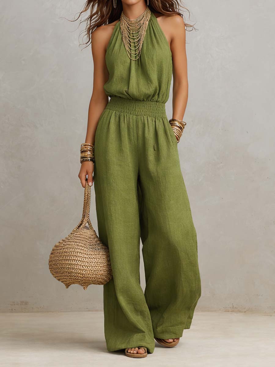 Matilda Mossly Linen Jumpsuit with Halter Neck