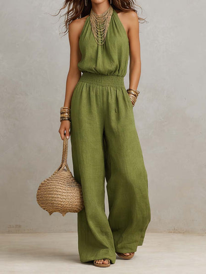 Matilda Mossly Linen Jumpsuit with Halter Neck