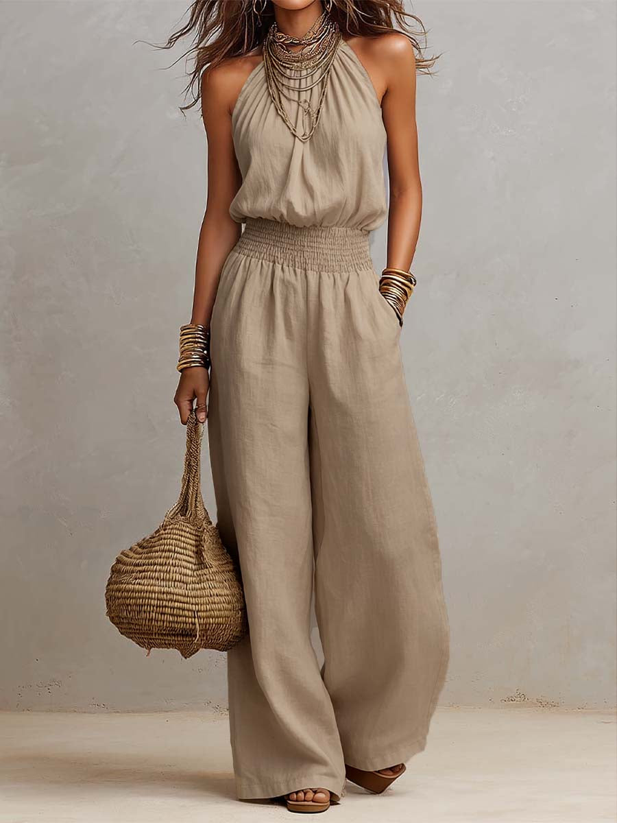 Matilda Mossly Linen Jumpsuit with Halter Neck