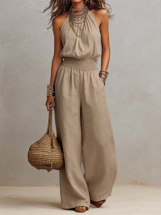 Matilda Mossly Linen Jumpsuit with Halter Neck