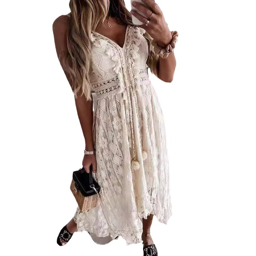 Lace Strap Maxi Solid Color Dress