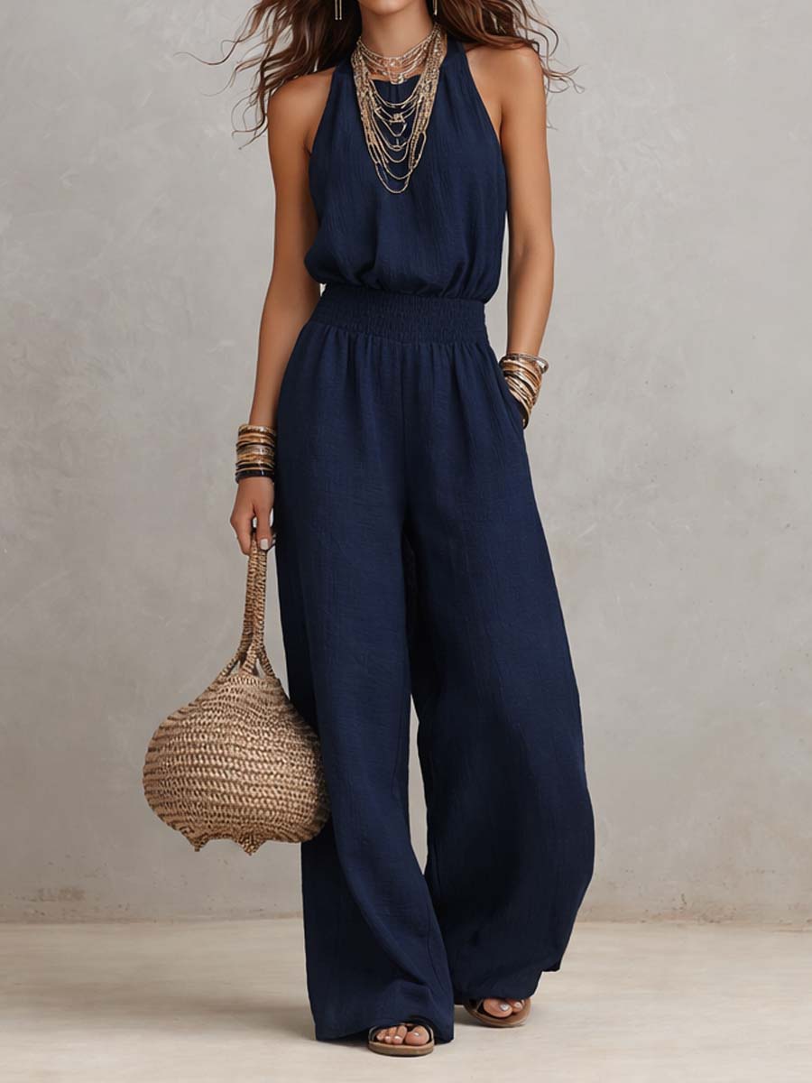 Matilda Mossly Linen Jumpsuit with Halter Neck