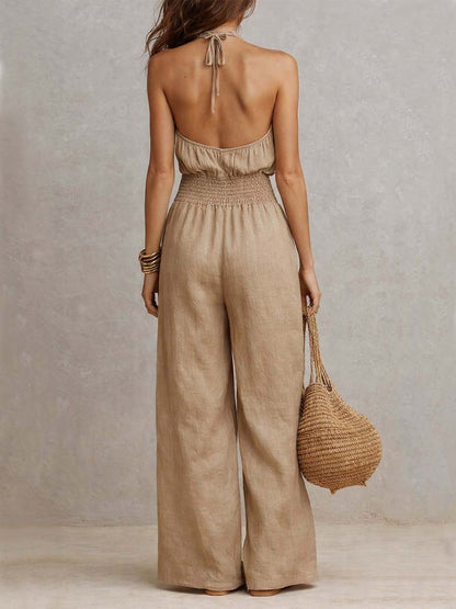 Matilda Mossly Linen Jumpsuit with Halter Neck