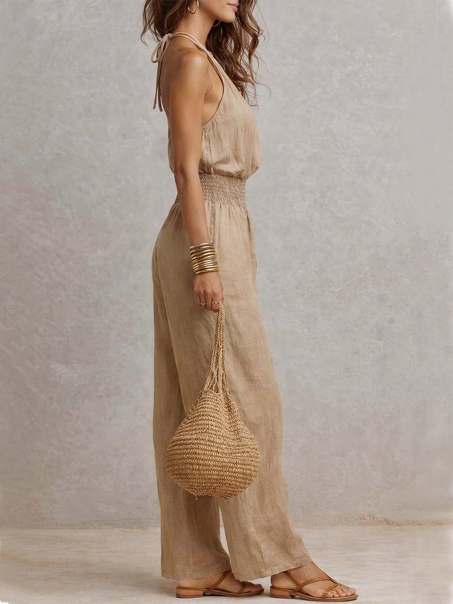 Matilda Mossly Linen Jumpsuit with Halter Neck