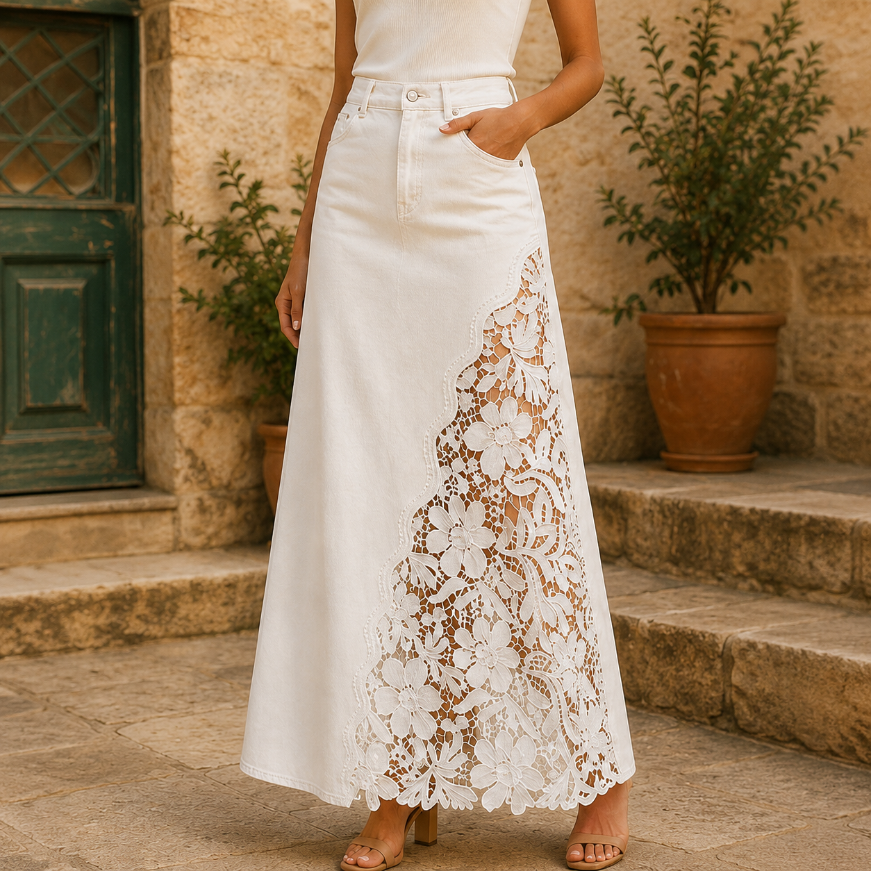 Solace Lace Denim Maxi Skirt