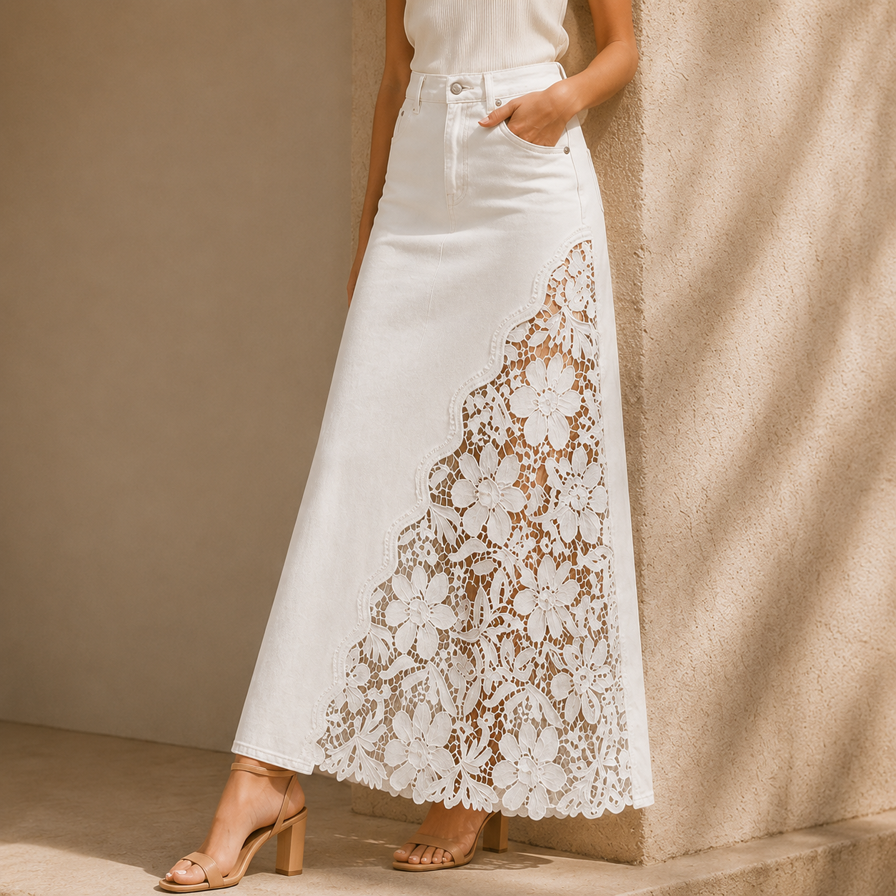 Solace Lace Denim Maxi Skirt
