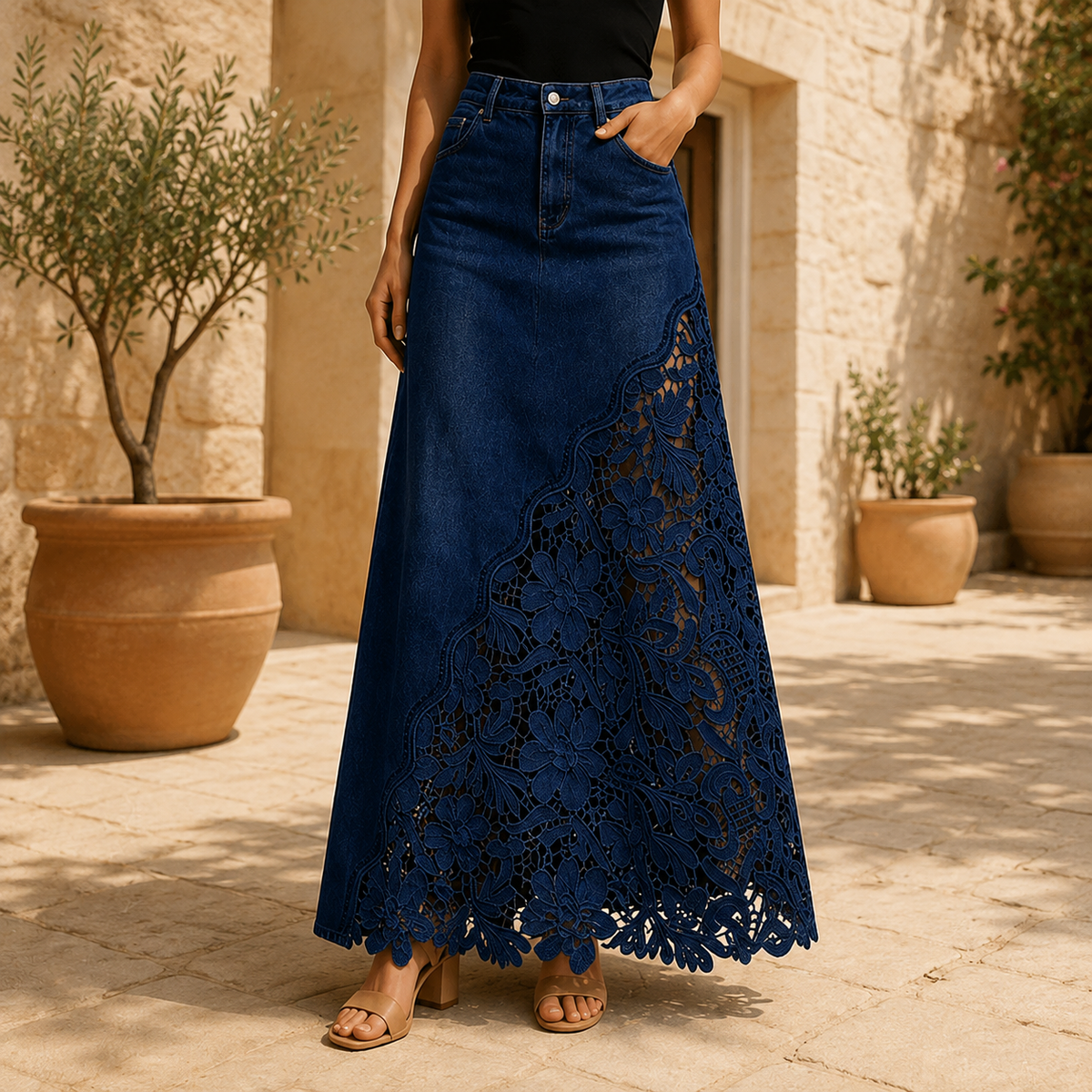 Solace Lace Denim Maxi Skirt