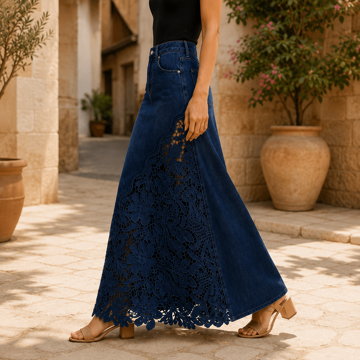 Solace Lace Denim Maxi Skirt