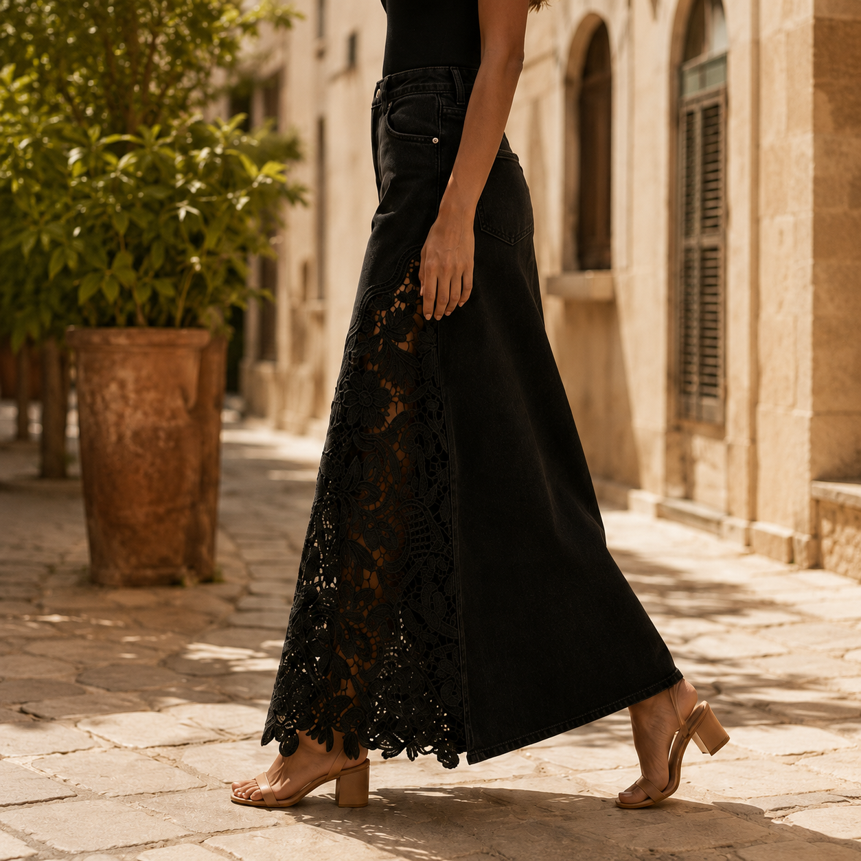 Solace Lace Denim Maxi Skirt
