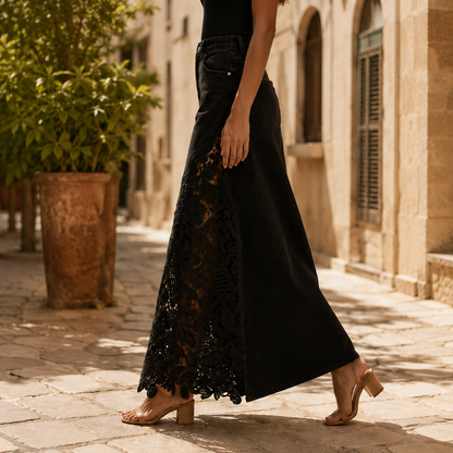 Solace Lace Denim Maxi Skirt