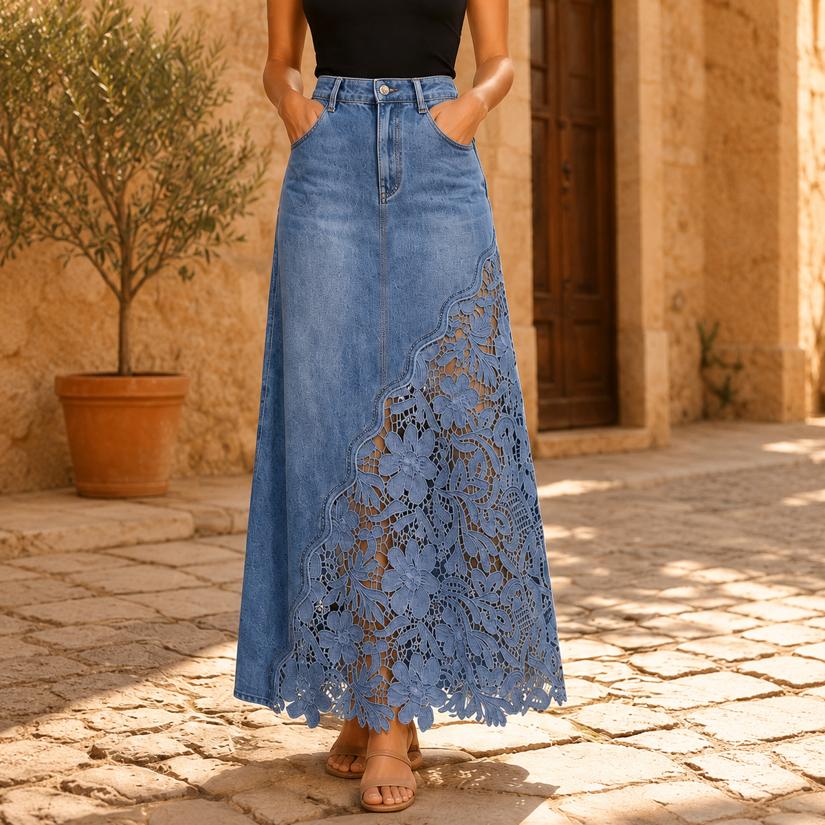 Solace Lace Denim Maxi Skirt