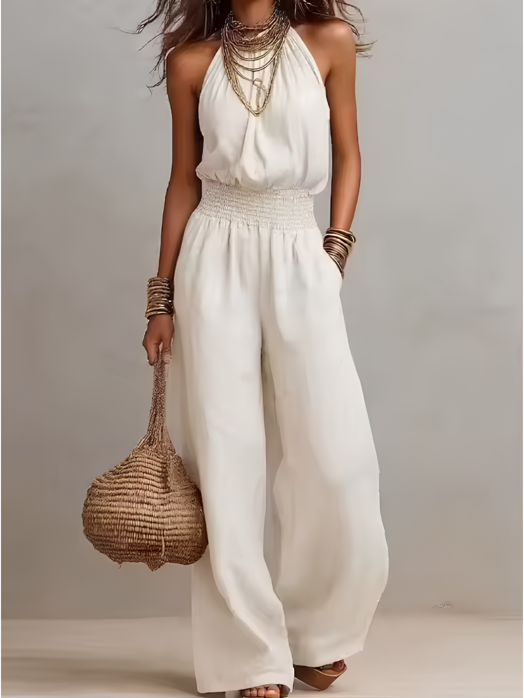 Matilda Mossly Linen Jumpsuit with Halter Neck