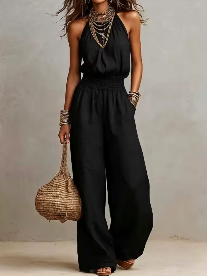 Matilda Mossly Linen Jumpsuit with Halter Neck