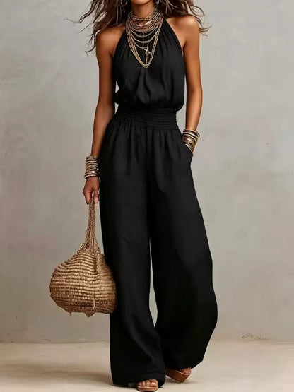 Matilda Mossly Linen Jumpsuit with Halter Neck