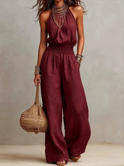 Matilda Mossly Linen Jumpsuit with Halter Neck