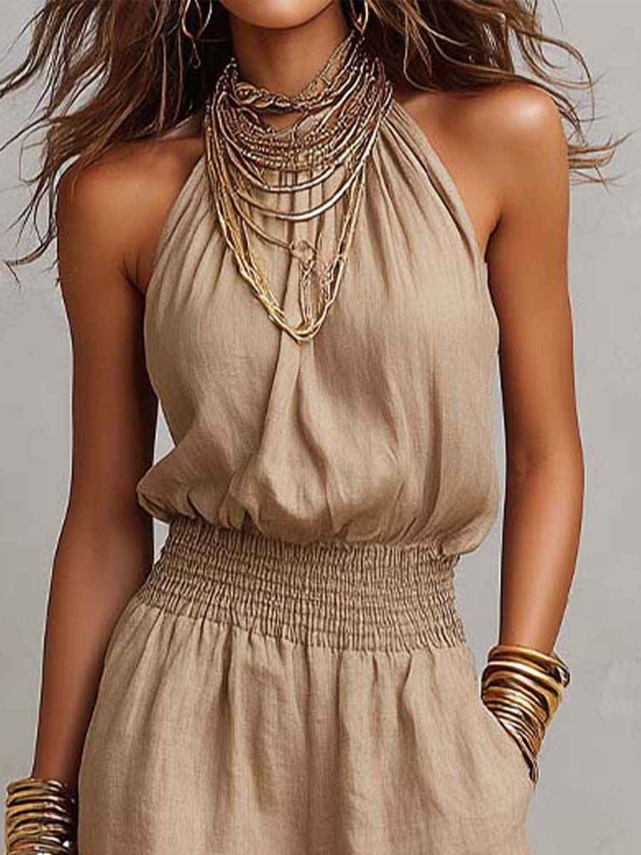 Matilda Mossly Linen Jumpsuit with Halter Neck