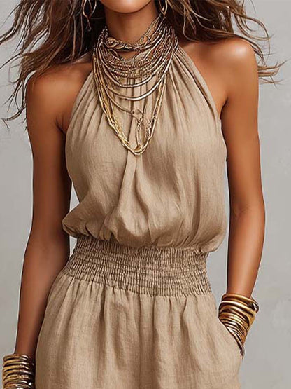 Matilda Mossly Linen Jumpsuit with Halter Neck