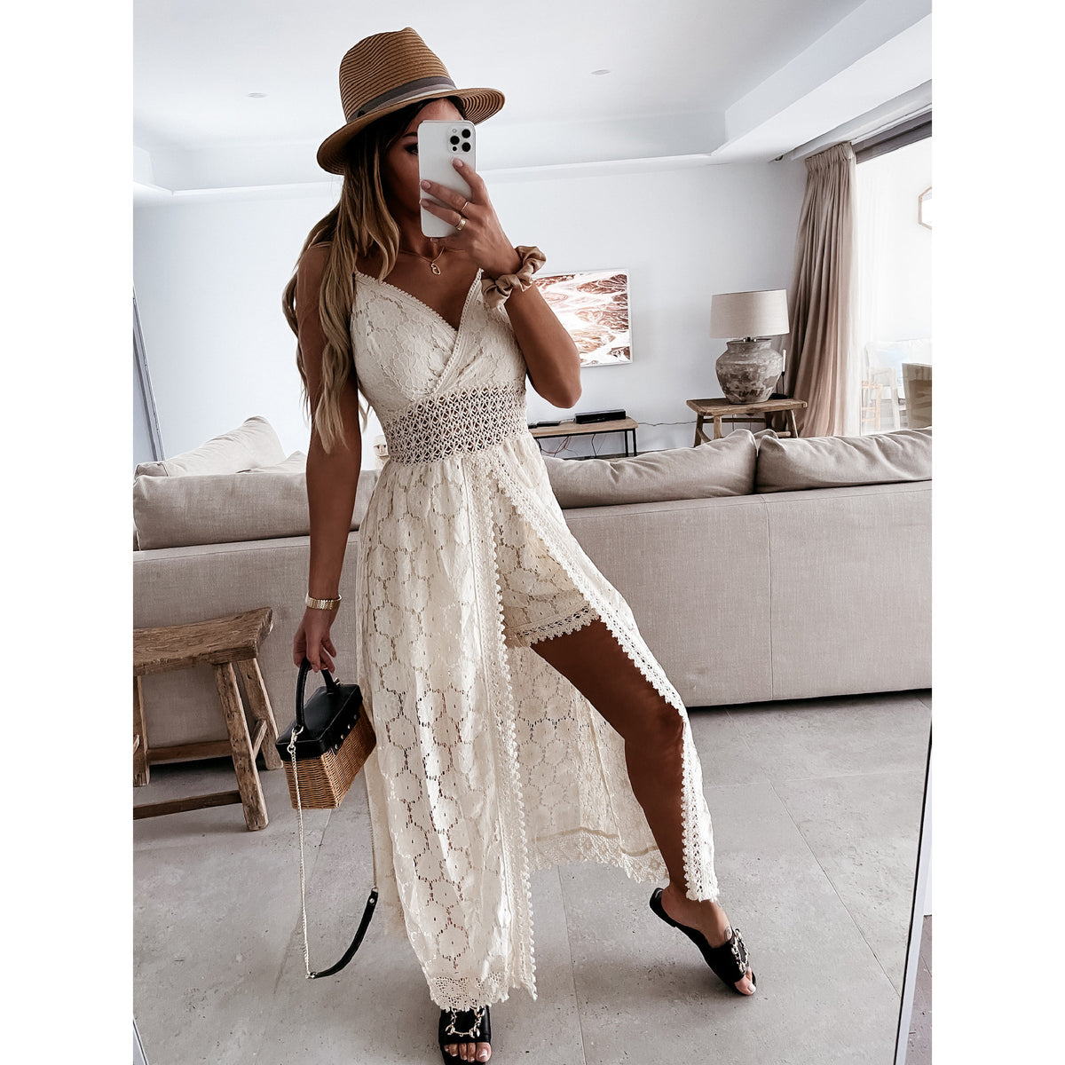 Lace Strap Maxi Solid Color Dress