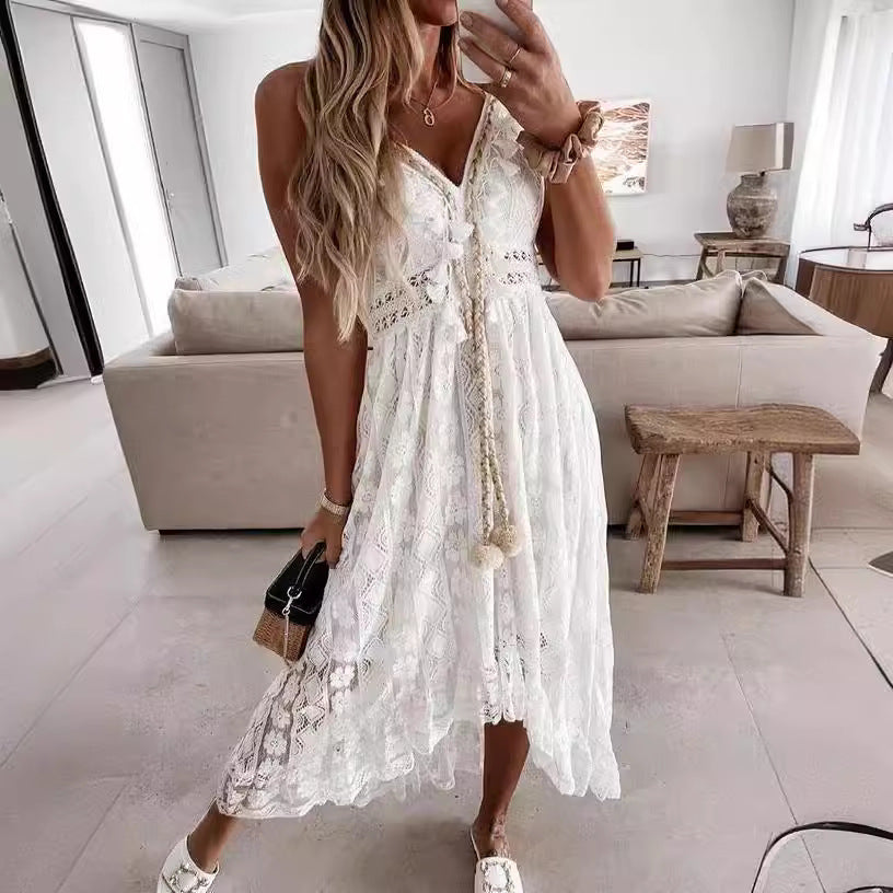 Lace Strap Maxi Solid Color Dress
